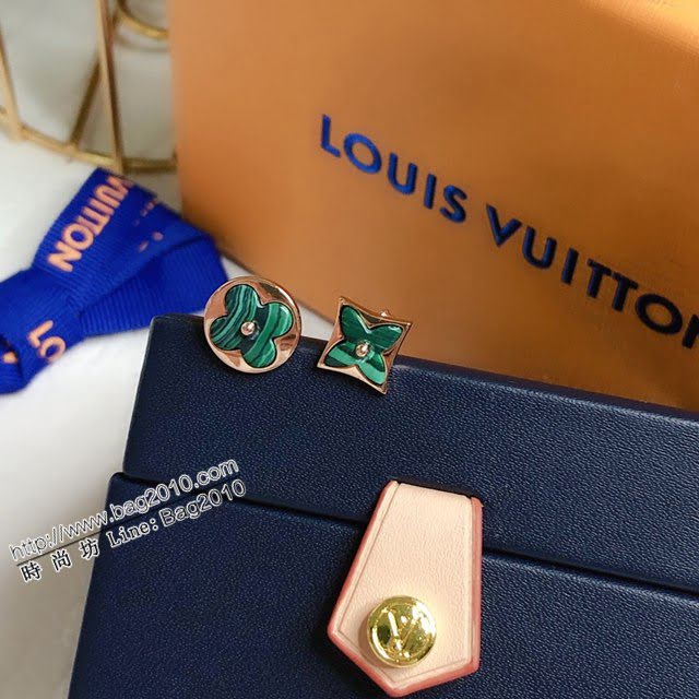 Louis Vuitton純銀飾品 路易威登新款孔雀石耳釘 LV不對稱四葉草925純銀耳環  zglv2227